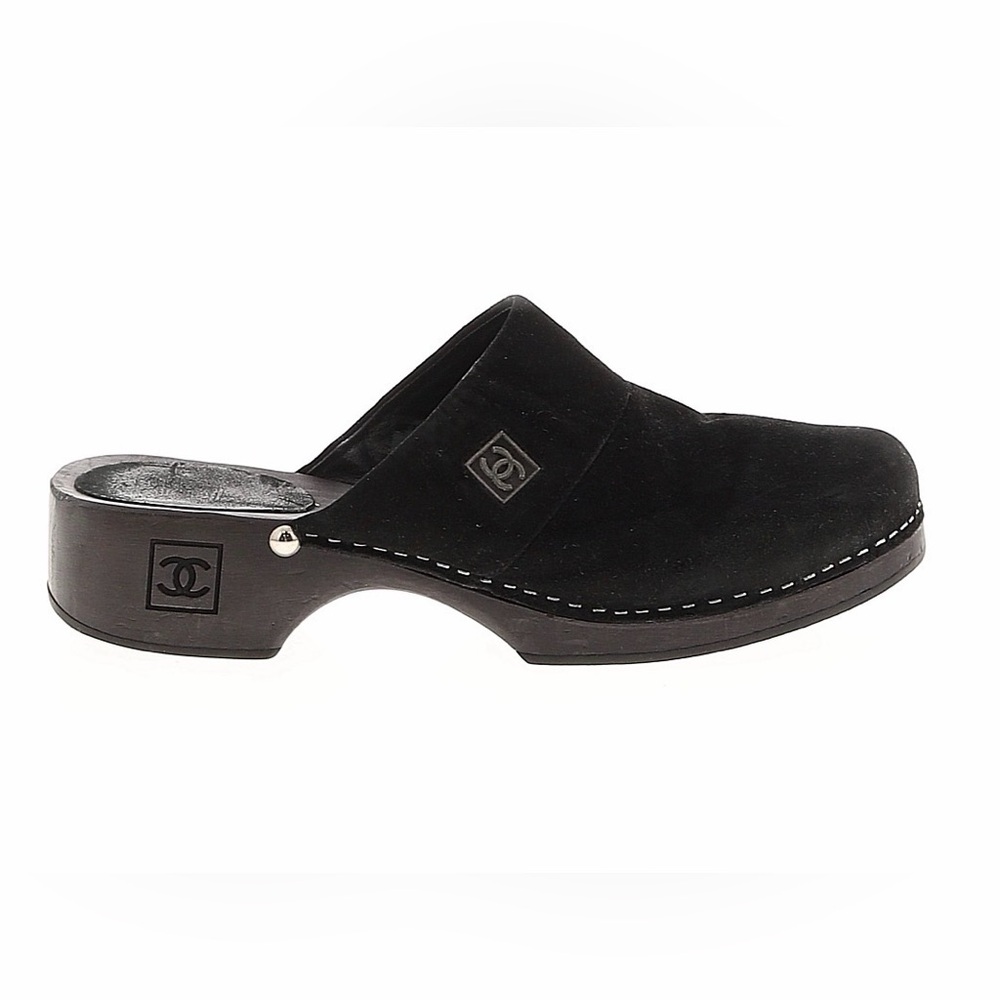 CHANEL Black Suede Slip-On Mules Clogs Open Back 39